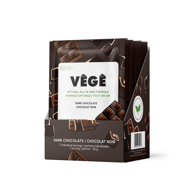 Vege protein all-in-one formula by nova pharma. 7 days of dark chocolate individual servings.