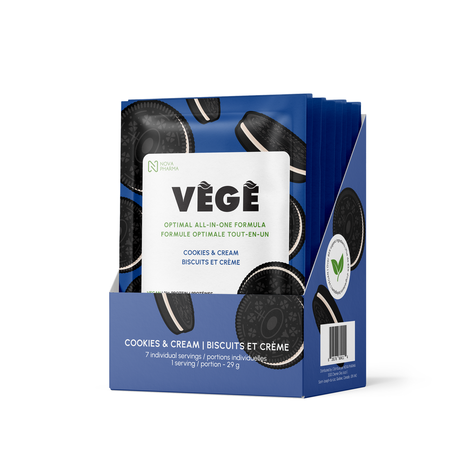 Vege protein all-in-one formula by nova pharma. 7 days of cookies&cream individual servings.