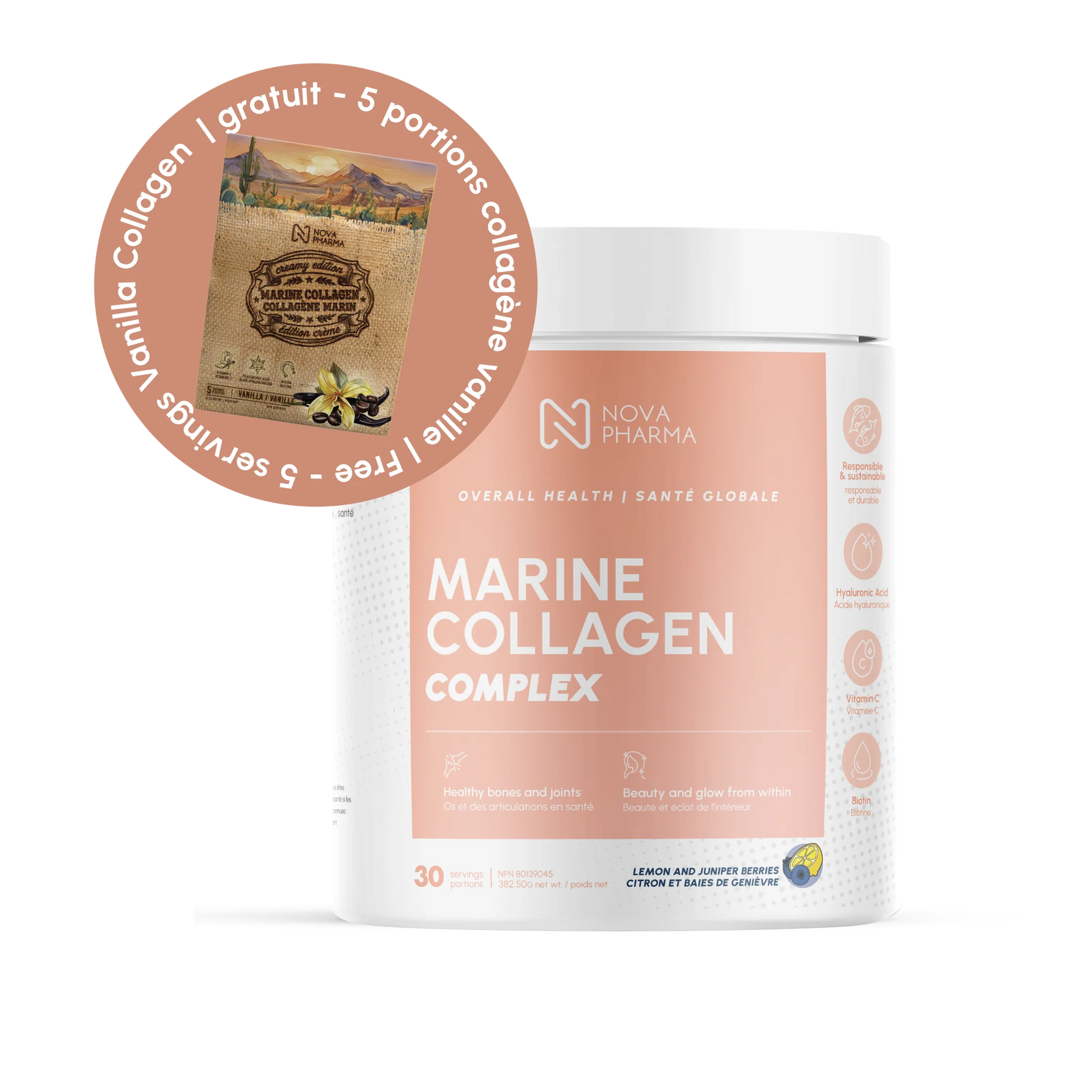 Collagène marin Complex avec Acide Hyaluronique, Vitamine C et Biotine - 30 portions