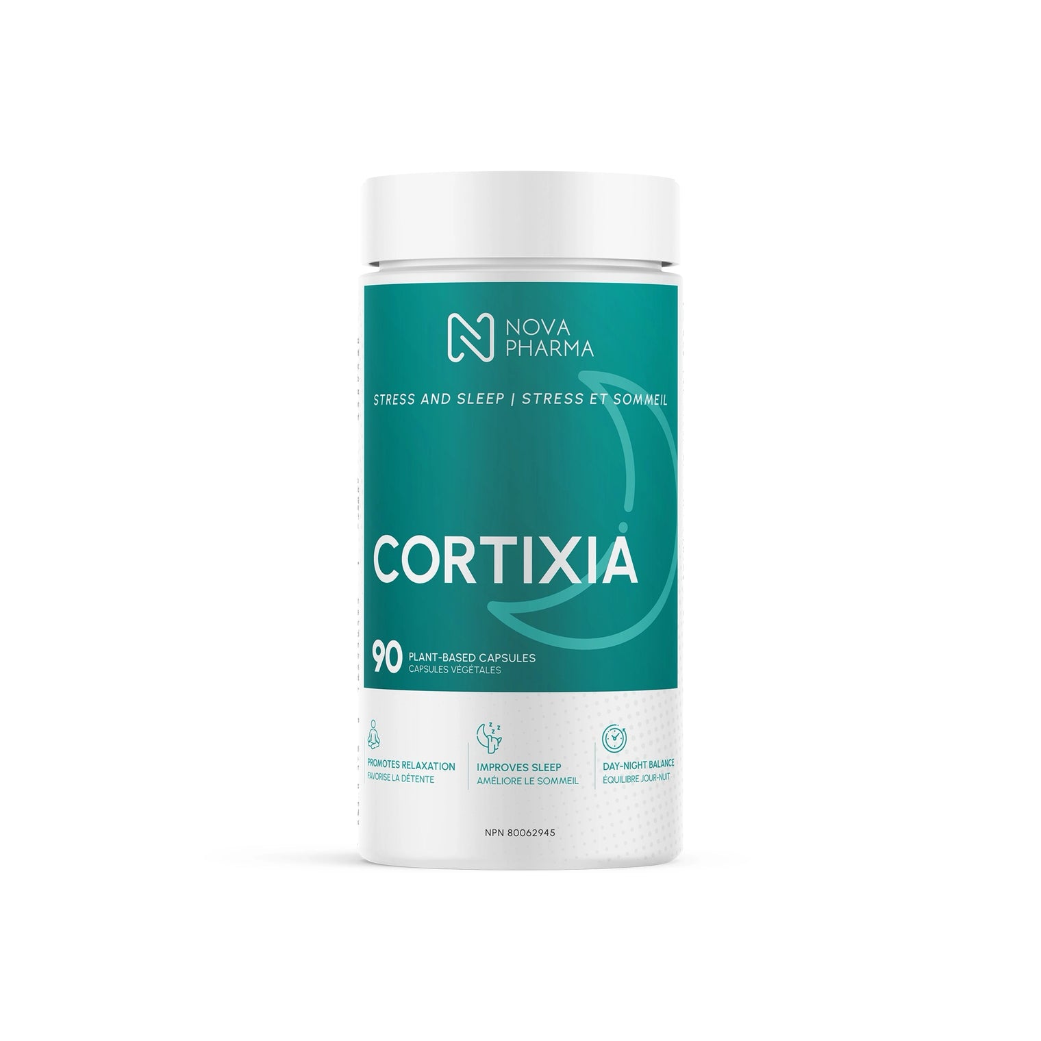 Cortixia, stress and sleep supplement container by Nova Pharma.