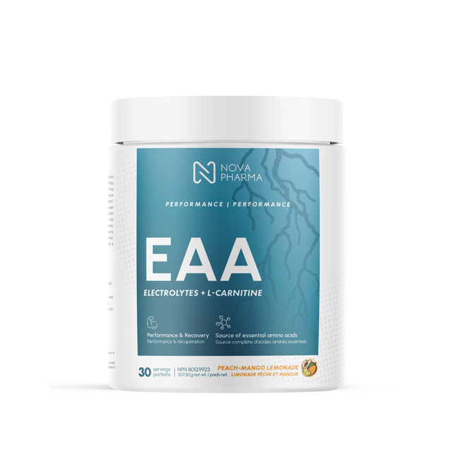 Nova Pharma EAA supplement container peach mango lemonade flavor