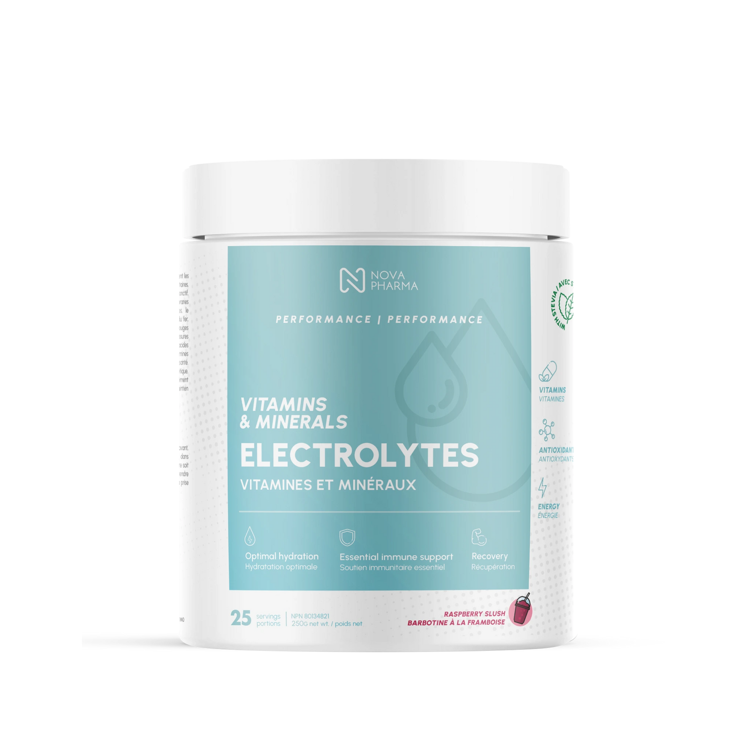 Electrolytes supplement raspberry slush by Nova Pharma.