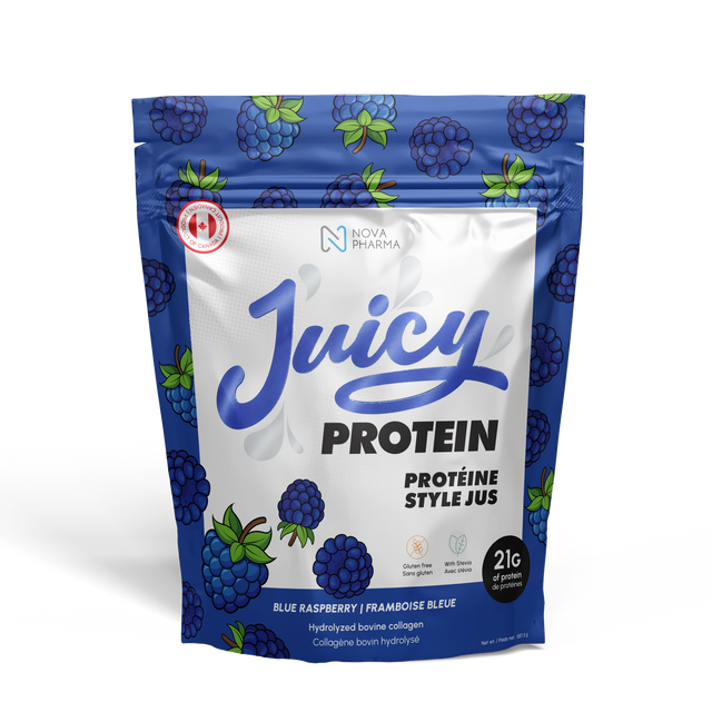 Juicy Protein package with blue raspberry design, hydrolyzed bovine collagen by Nova Pharma