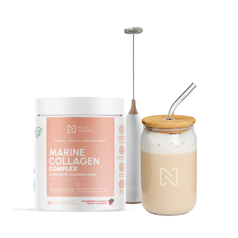 Nova Pharma Marine collagen supplement, glass and portable blender