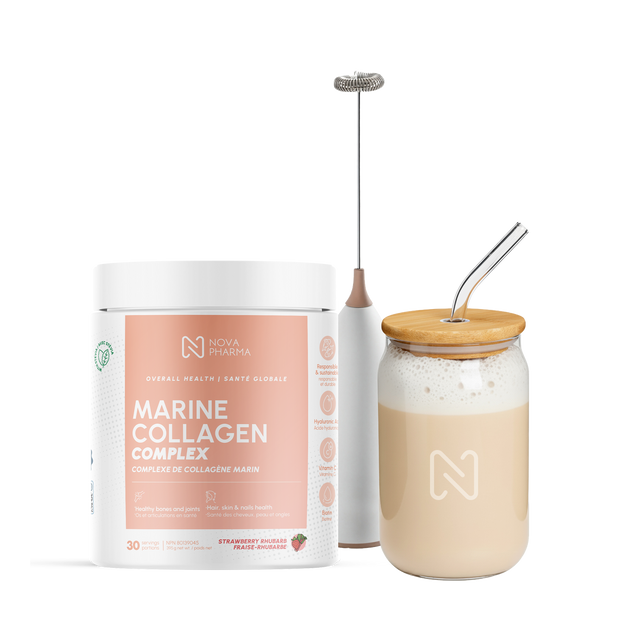Nova Pharma Marine collagen supplement, glass and portable blender