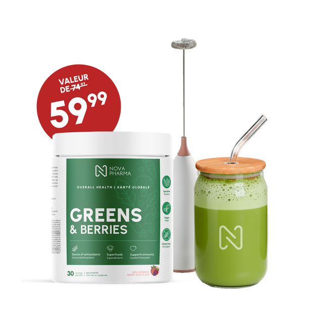 Nova Pharma Greens & Berries supplement, glass and portable blender, promo