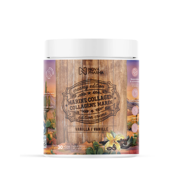 Container of Nova Pharma Marine Collagen with wooden design and vanilla flavor text.