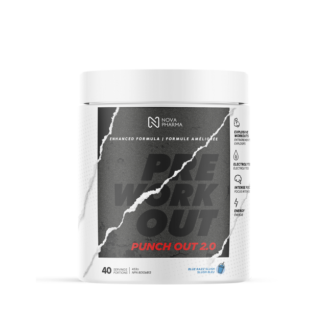 Pre workout punch out 2.0 Blue razz slush by Nova Pharma.
