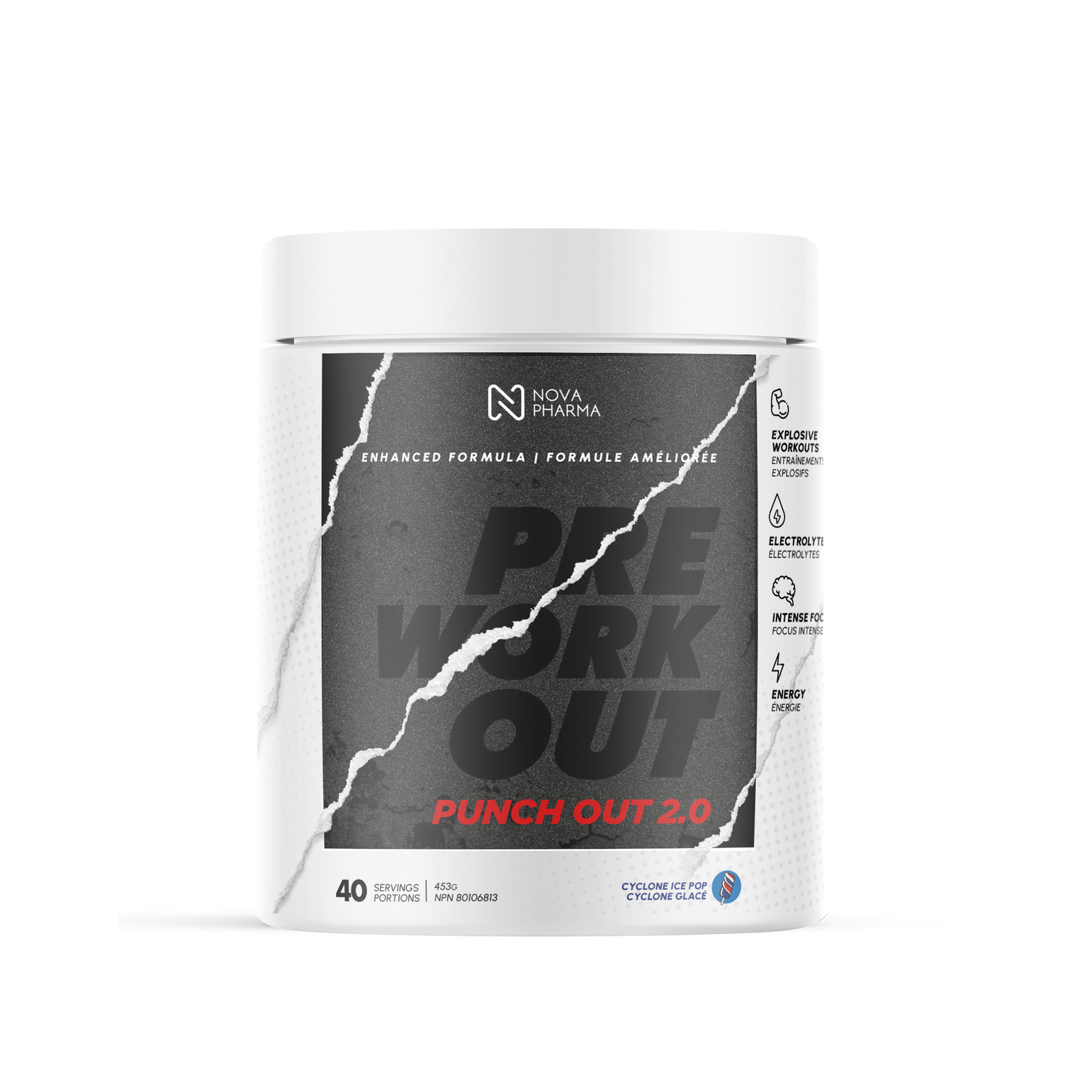 Pre workout punch out 2.0 cyclone ice pop by Nova Pharma.