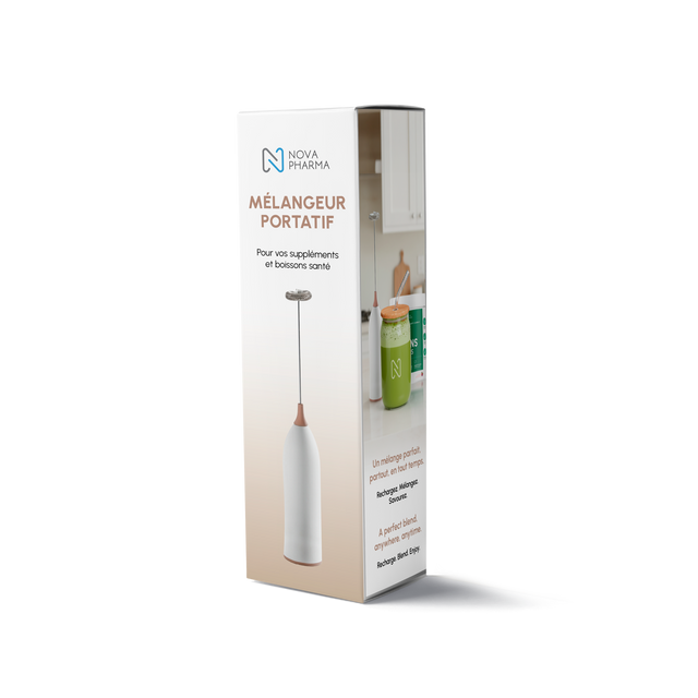 Packaging of a portable mixer with Nova Pharma branding