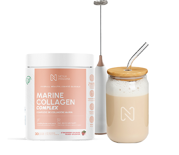 Marine Collagen Complex supplement container with a glass of a creamy beverage on a white background