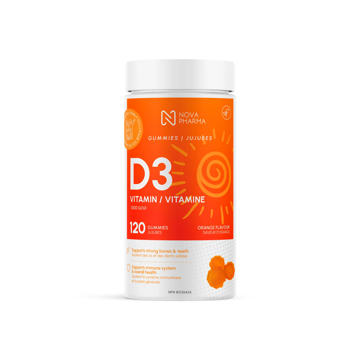 A bottle of Nova Pharma Vitamin D3 Gummies with orange flavor, containing 120 gummies, against a white background with a sun graphic and orange label.