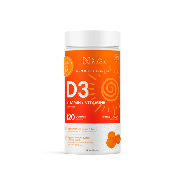 A bottle of Nova Pharma Vitamin D3 Gummies with orange flavor, containing 120 gummies, against a white background with a sun graphic and orange label.