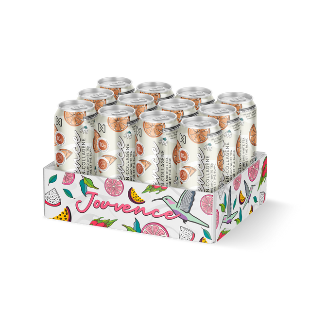 Case of 12 canes Jouvence Clementine and White Tea, ready-to-drink marine collagen.