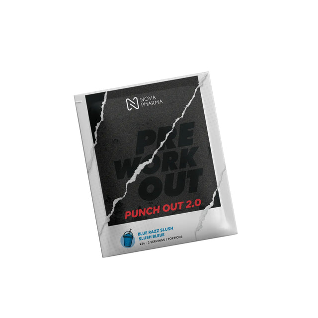 Nova Pharma Pre Workout Punch Out 2.0 supplement blue razz slush flavor sample