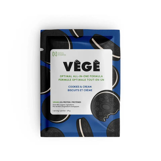 single portion of cookies & cream vege protein by Nova Pharma.