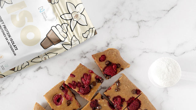 Choco raspberry blondies made with the Vanilla ISO protein by Nova Pharma