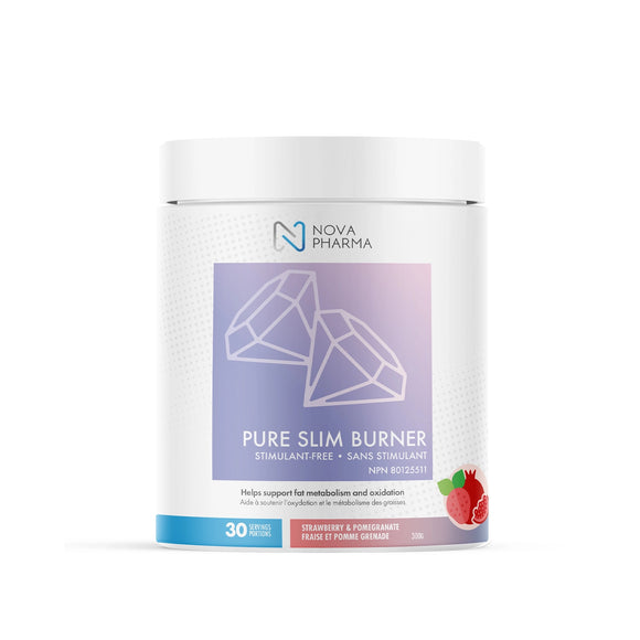 bottle of fat burner powder supplements without stimulant, pure slim burner, strawberry and pomegranate flavor, with nova pharma brand logo
