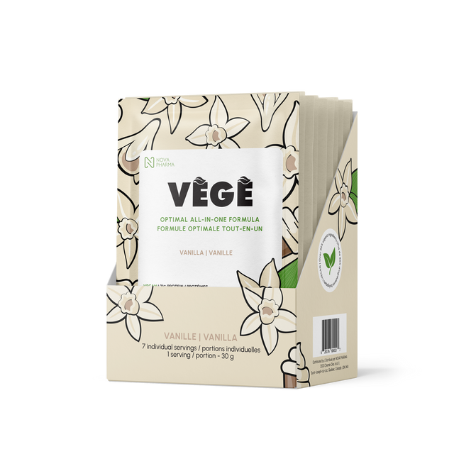 Vege protein all-in-one formula by nova pharma. 7 days of vanilla individual servings.