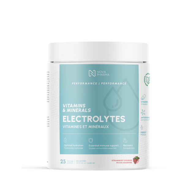 Electrolytes supplement strawberry rhubarbe by Nova Pharma.