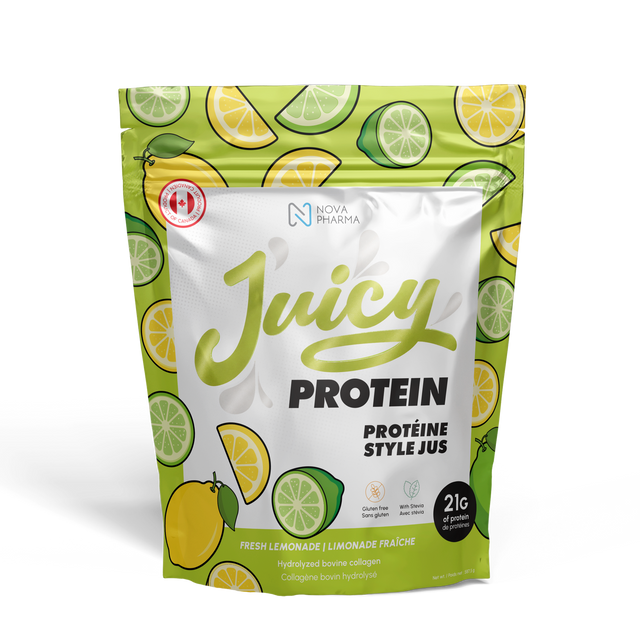 Juicy Protein package with lemon and lime design, hydrolyzed bovine collagen by Nova Pharma