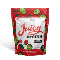 Juicy Protein package with strawberry and kiwi design, hydrolyzed bovine collagen by Nova Pharma