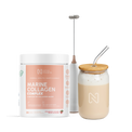 Nova Pharma Marine collagen supplement, glass and portable blender