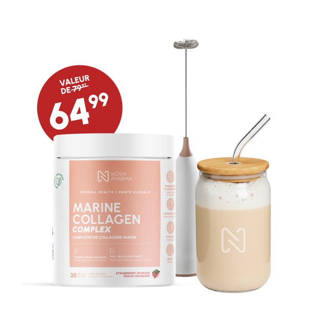 Nova Pharma Marine collagen supplement, glass and portable blender, promo 