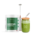Nova Pharma Greens & Berries supplement, glass and portable blender