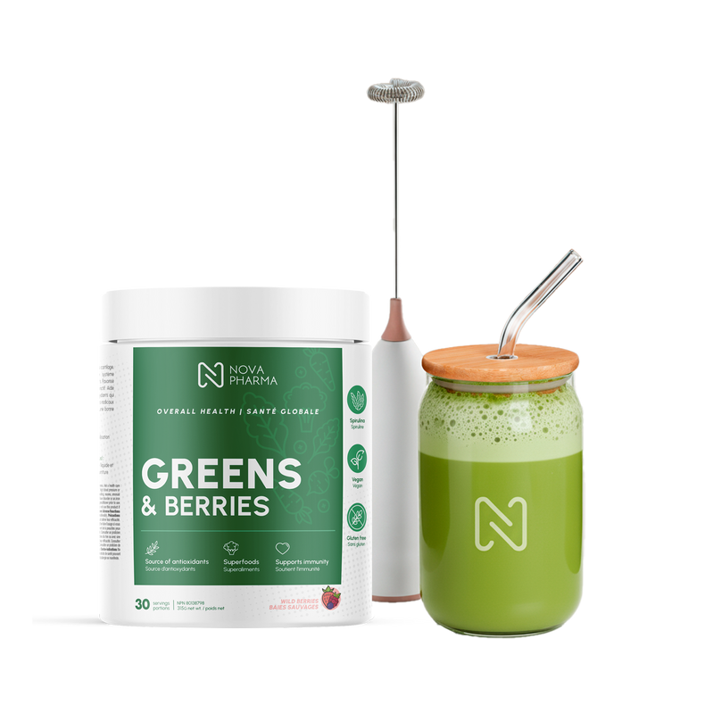 Nova Pharma Greens & Berries supplement, glass and portable blender