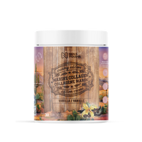 Container of Nova Pharma Marine Collagen with wooden design and vanilla flavor text.