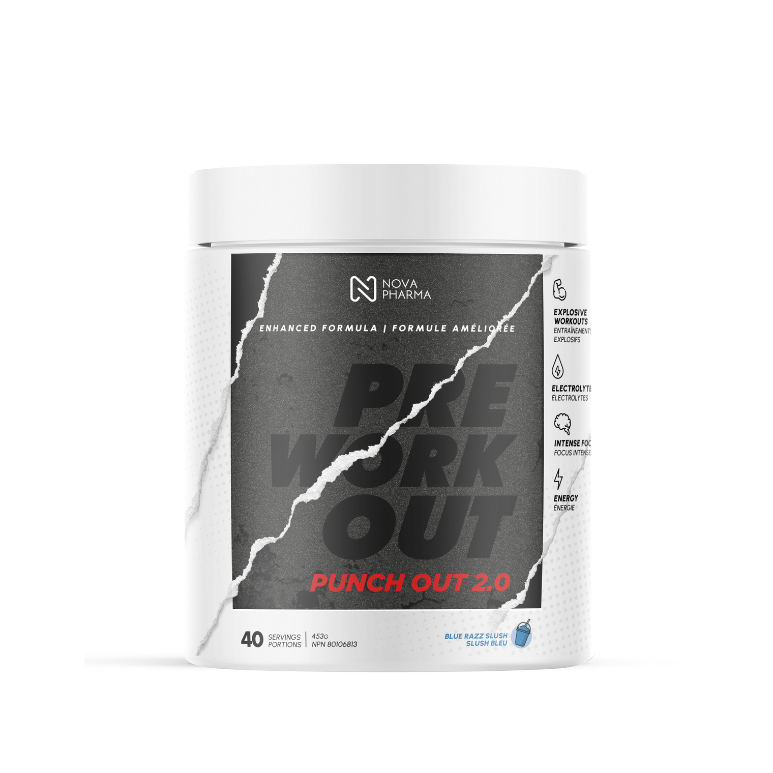 Pre workout punch out 2.0 Blue razz slush by Nova Pharma.