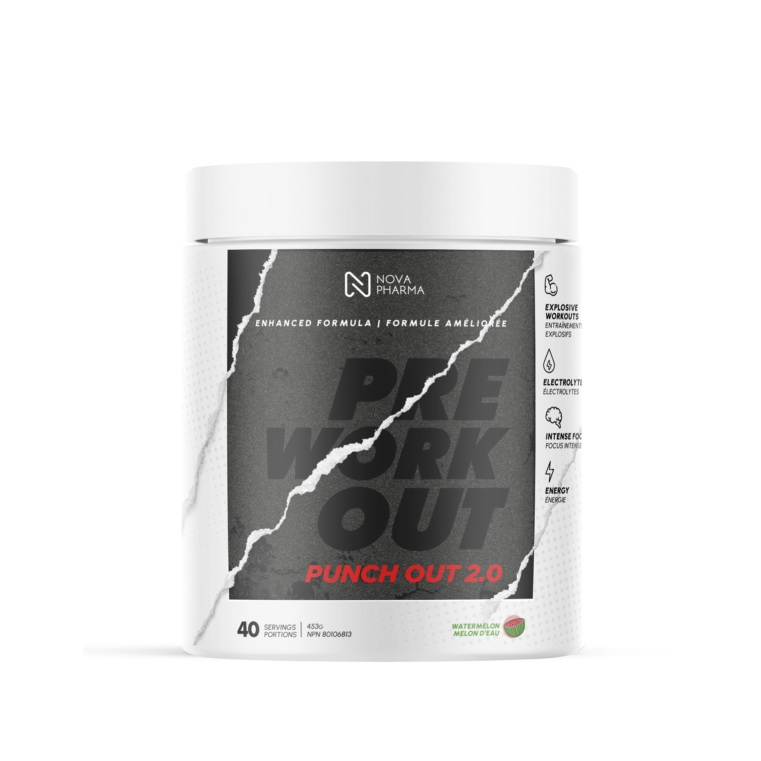 Pre workout punch out 2.0 watermelon by Nova Pharma.
