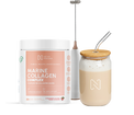Marine Collagen Complex supplement container with a glass of a creamy beverage on a white background