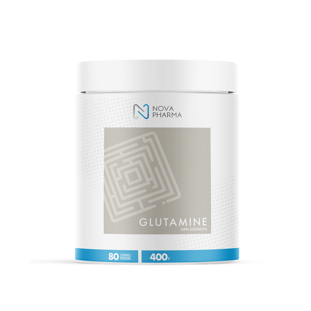 Glutamine supplement container by Nova Pharma